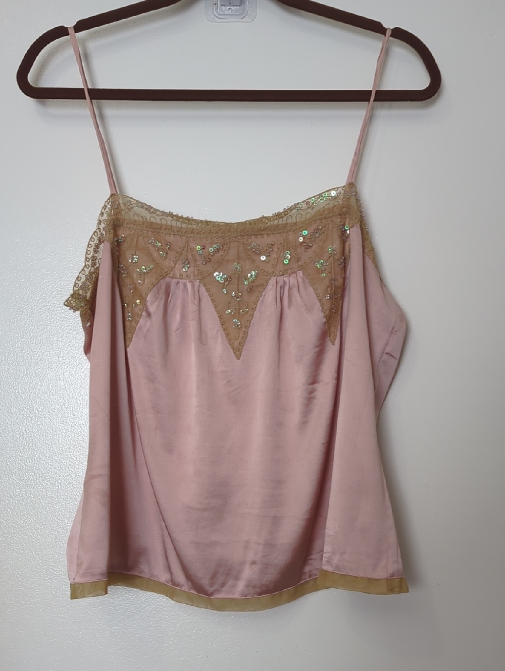 Moda International Blush Pink Silky Cami with Gold Lace Accents